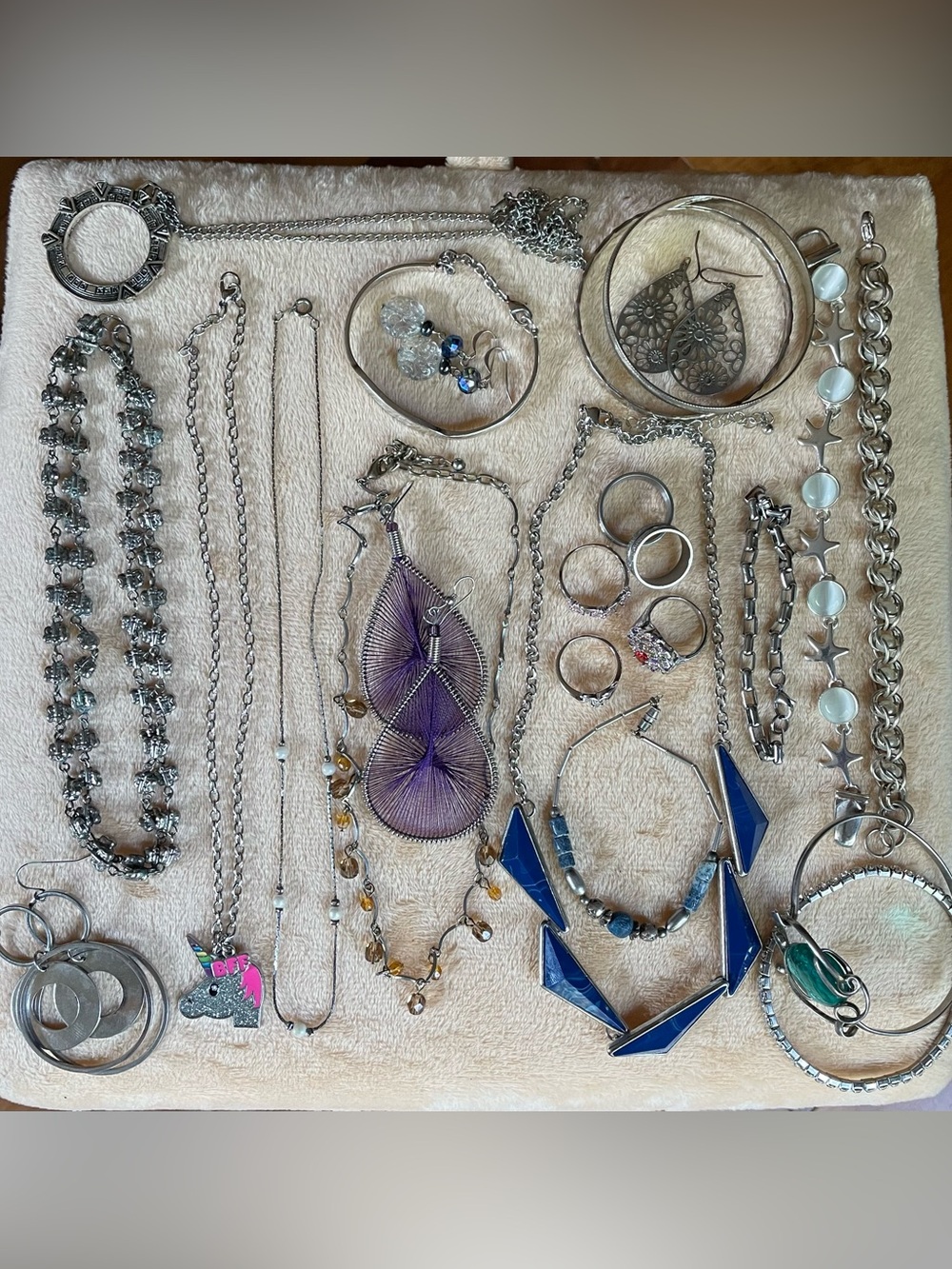 Silver-Tone Mixed fashion Jewelry Set with Blue & Purple Accents in a cute tin.